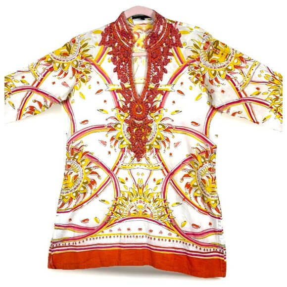 Bohochic Beaded Embellished Tunic  Top Women’s SZ L White Orange Ethnic Festival - Picture 2 of 11
